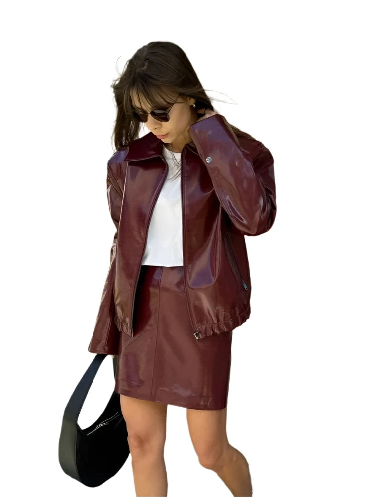 Chic Wine Red Leather Jacket & Mini Skirt Set for Women – Elegant Lapel Zipper Outerwear with Hip-Wrap Design, 2-Piece Outfit