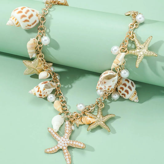 Vacation Style Ocean Series Shell and Starfish Imitation Pearl Necklace: Women's Leisure Party Exaggerated Shell Necklace