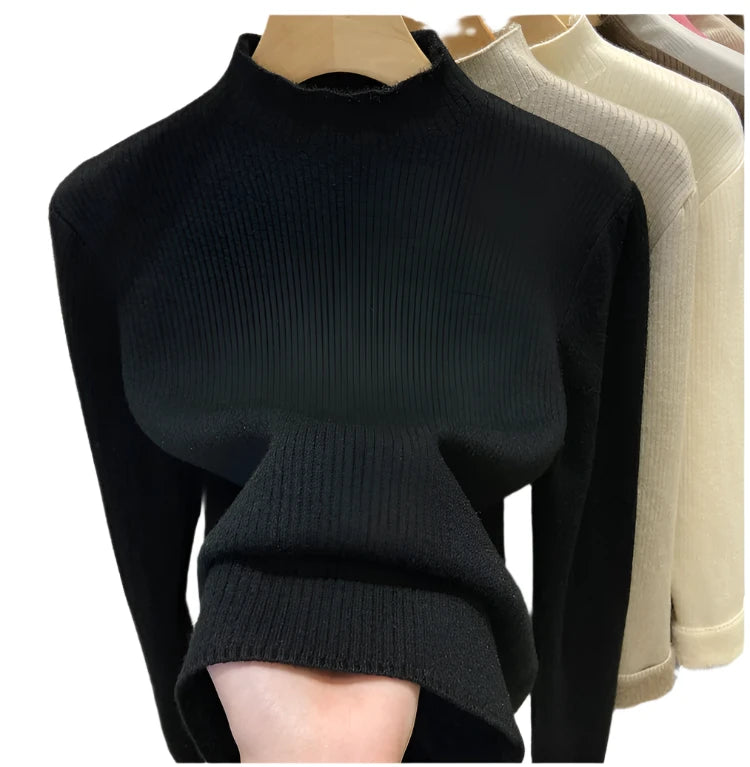 Elegant Turtleneck Winter Sweater for Women - Thick Velvet Lined Warm Slim Fit Knitted Pullover Jumper