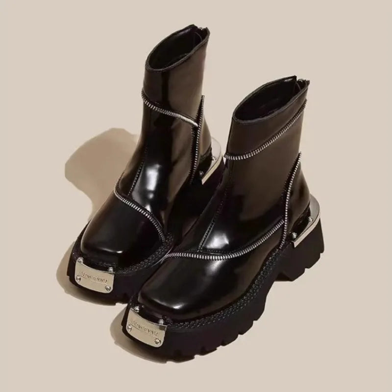 High-Quality Black Women's Round Toe Boots - Non-Slip Thick-Soled Gothic Street Fashion