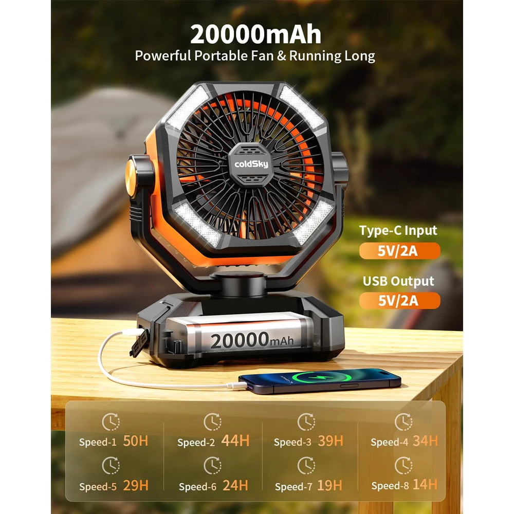 Adventure-Ready 20000mAh Camping Fan: 8-Speed Breeze with 4 LED Lanterns – Power Up Your Tents, Outages, and Outdoor Escapes!