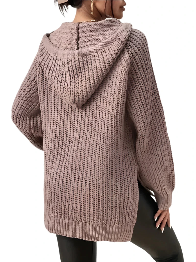 Women's Hooded Sweater with Raglan Sleeves - Split Hem Drawstring Pullover Sweater for Casual Wear