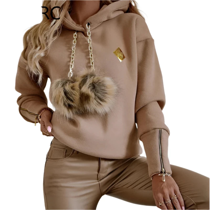 Women’s Solid Hoodie Sweatshirt with Chain and Feather Detail - Casual Tops