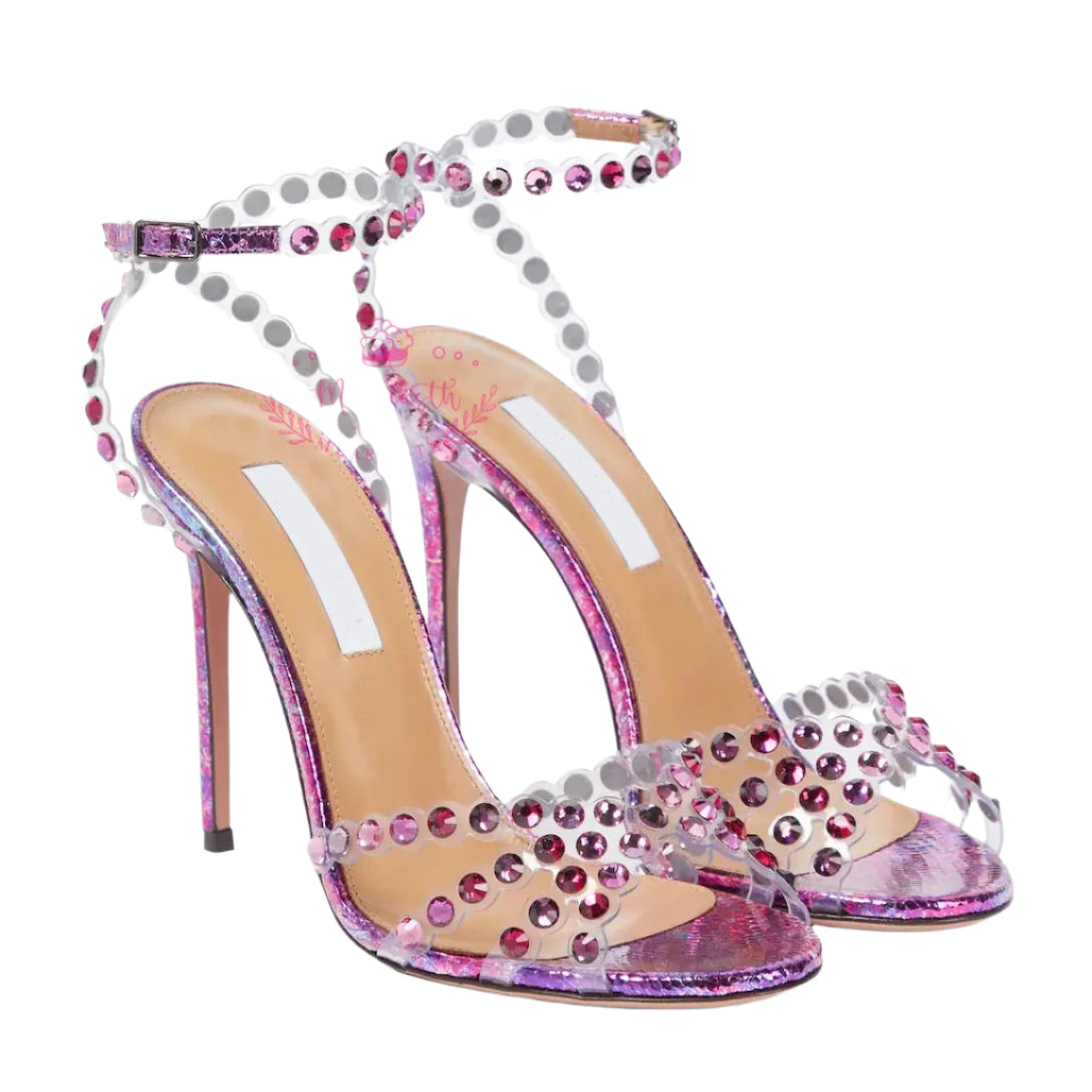 Crystal Embellished PVC Sandals – Clear Transparent Straps, Rhinestone Ankle Strap, Leather Sole, Party Shoes, Plus Size 43