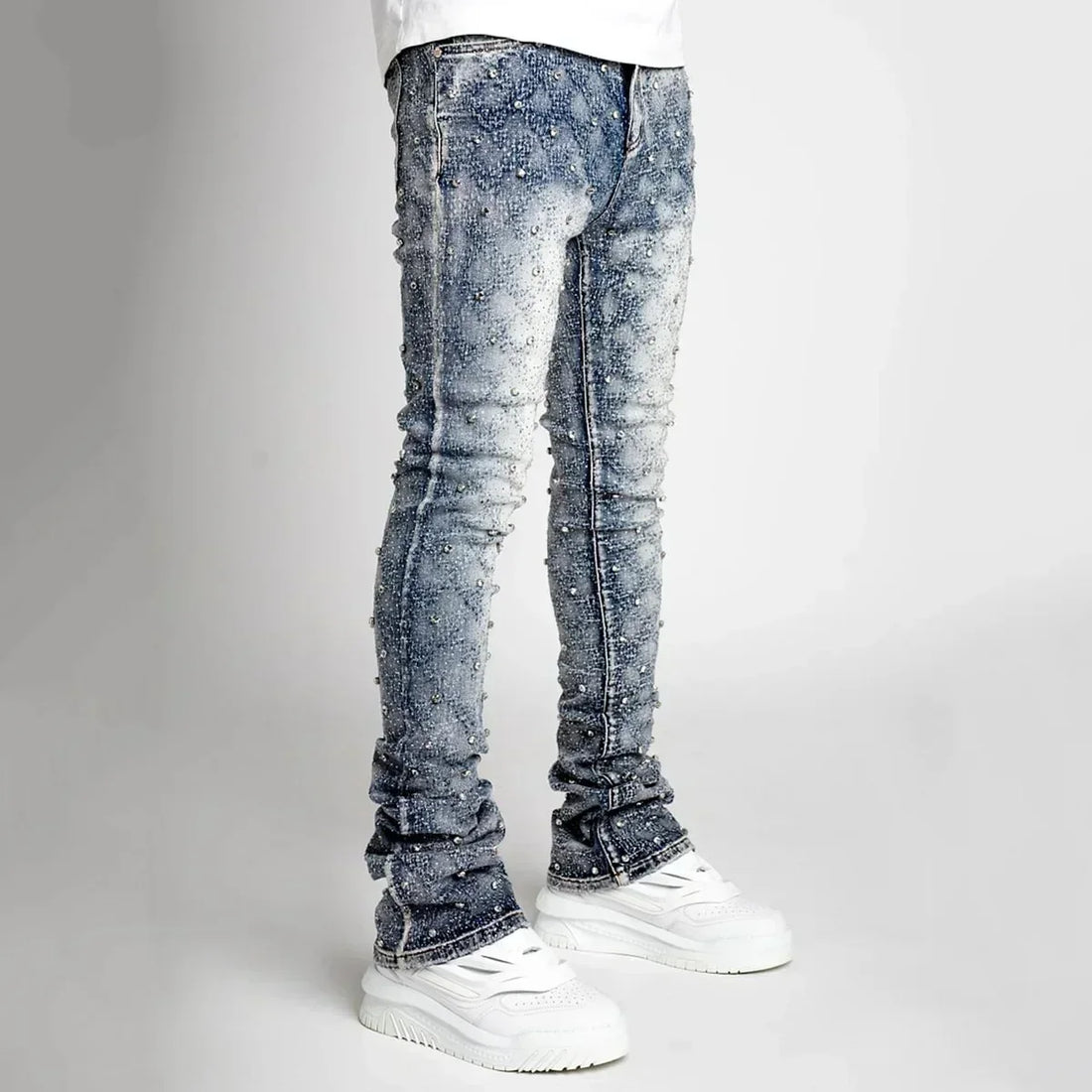 Men’s Stylish Laminated Denim Jeans – Fashionable Straight Stretch Fit with Pearl Accents