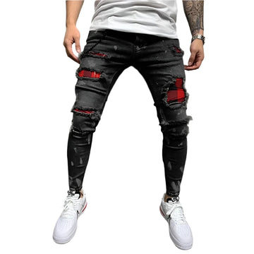 Men's Ripped Skinny Jeans - Vintage Wash Streetwear Slim Fit Denim Pants, Casual Solid Pencil Trousers, Hot Sale