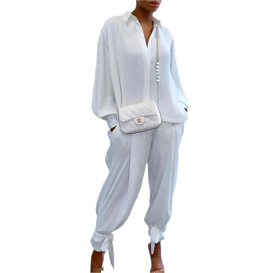 Spring 2-Piece Tracksuit Set for Women - V-Neck Long Sleeve Top & Loose Long Pants, Casual Sportwear Outfit