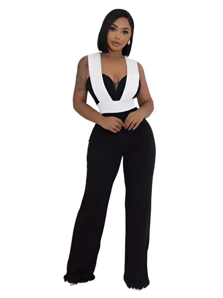 Black White Patchwork Wide legs Jumpsuit Women Sleeveless Cut Out Loose Rompers Elegant Evening Party One Pieces Outfits