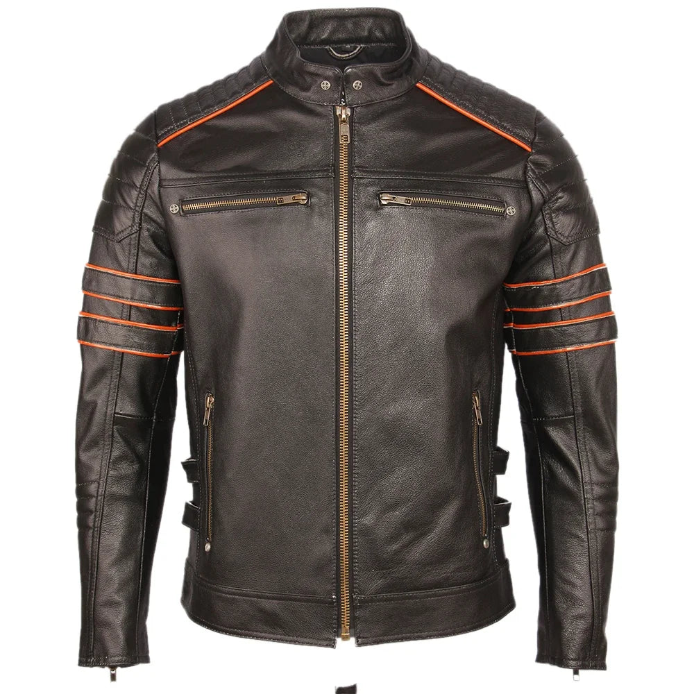 Men's Black Skull Embroidery Motorcycle Jacket - 100% Natural Cowhide Leather Biker Coat | Winter Warm Moto Jacket M219