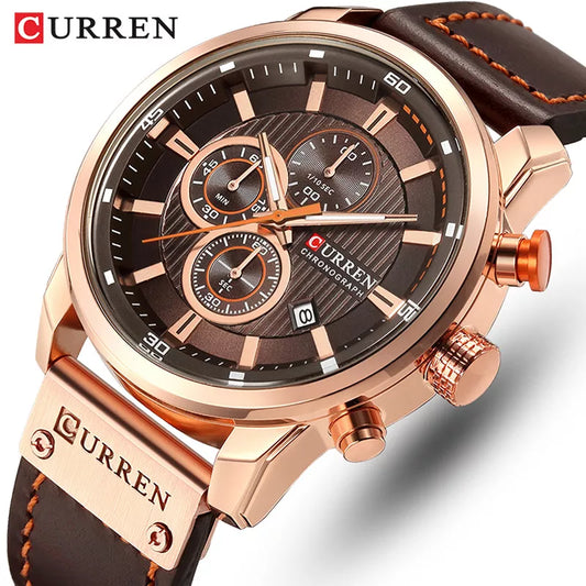 CURREN Brand Men's Leather Sports Watch, Army Military Quartz Wristwatch with Chronograph, Male Clock Relogio Masculino