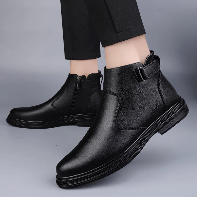 Luxury Men's Chelsea Boots - Genuine Leather, Black, Warm Plush Winter Ankle Boots for Casual & Outdoor Wear