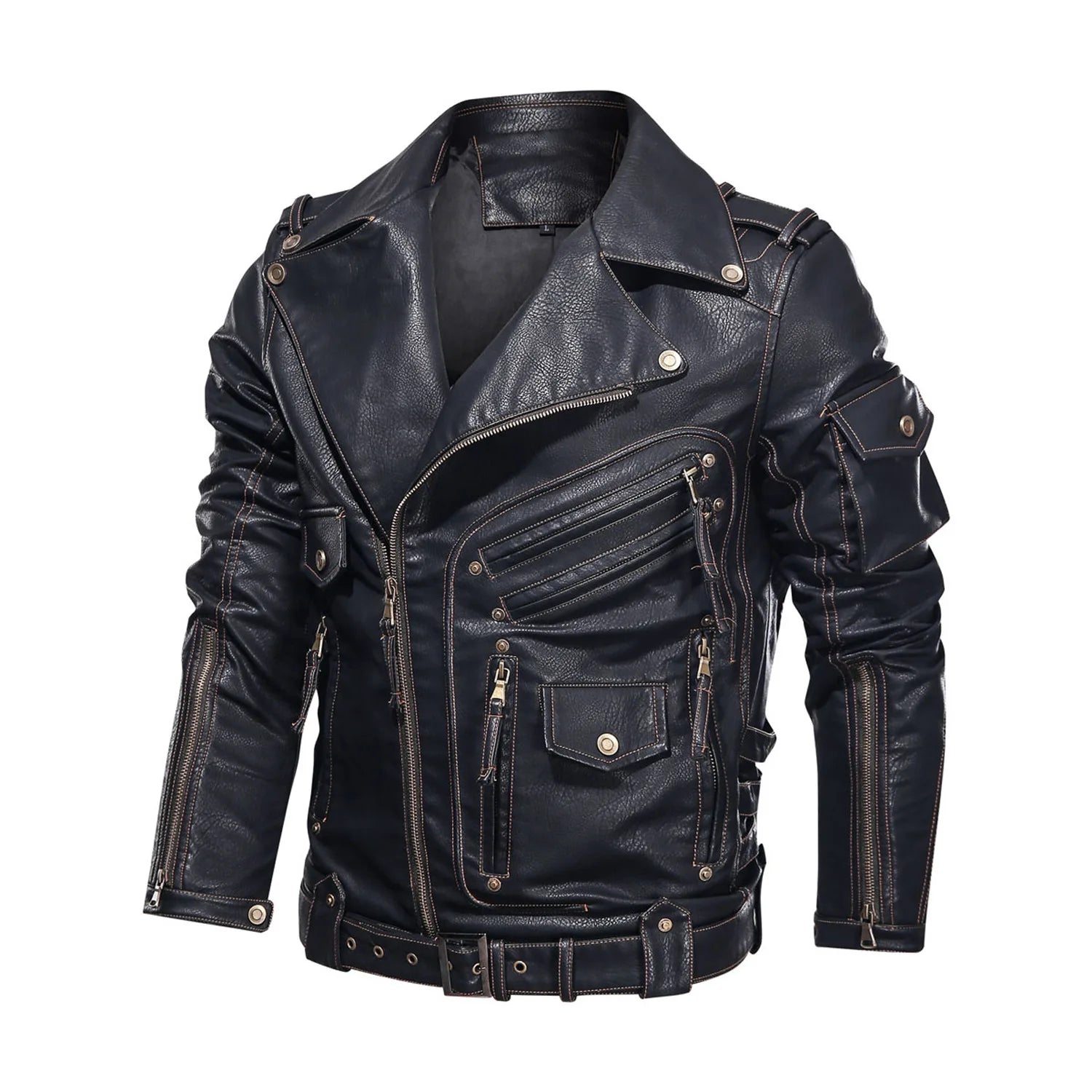 2024 Men's Multi-Pocket PU Leather Motorcycle Jacket - Hardman Style with Flip Collar for Spring & Autumn Wear