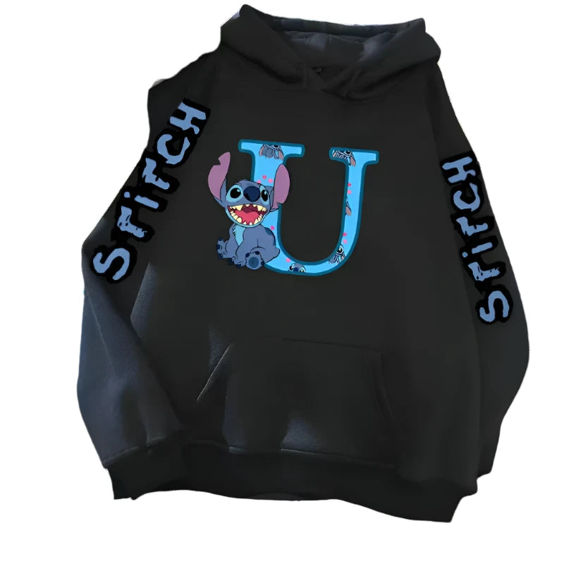 Women's Winter Disney Lilo & Stitch Hoodie - Kawaii Lucky Letter Print Black Jacket, Fashion Streetwear for Couples