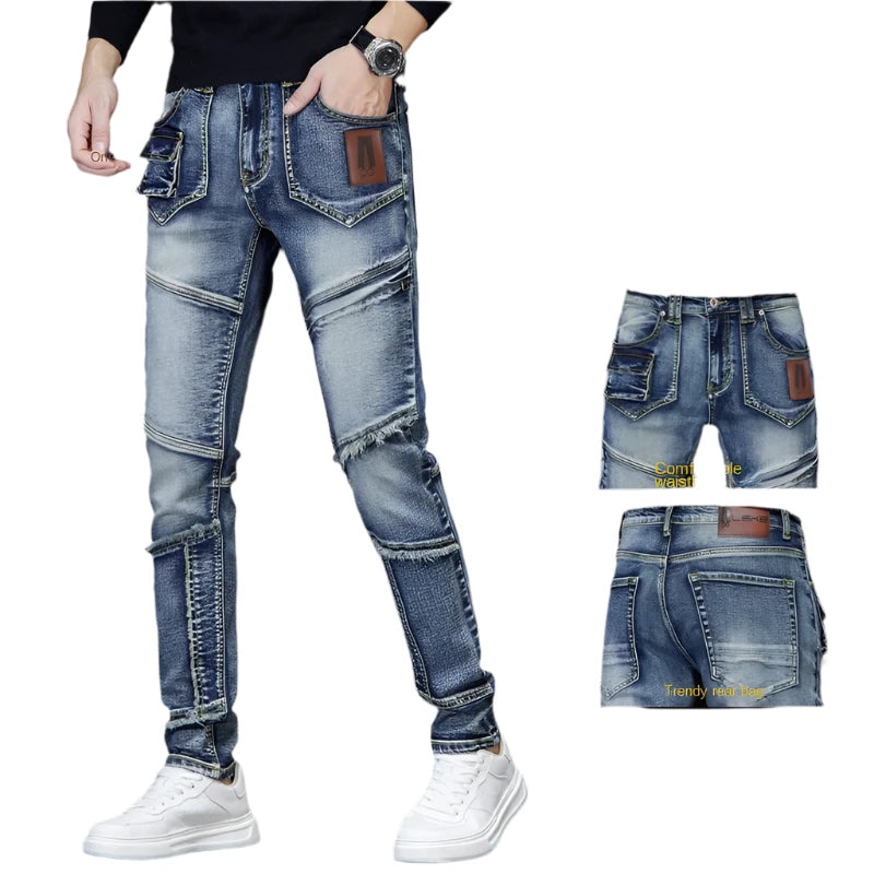 Trendy Men’s Retro Embroidered Jeans - Slim Fit Straight Denim Pants with Splicing Design