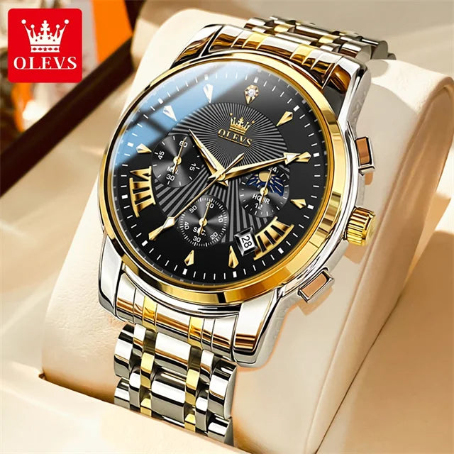 Men’s Luxury Quartz Chronograph Watch – Waterproof Wristwatch with Auto Date, Dual Calendar & Moon Phase