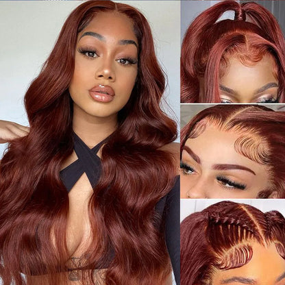 Reddish Brown Body Wave Lace Frontal Human Hair Wig with 13x4 HD Lace Frontal and Glueless 13x6 Lace Frontal. Pre-Plucked for a natural look and feel.