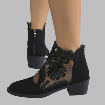 Women's Retro Embroidered Short Boots - Low Heel Lace-Up Spring/Summer Shoes for Elegant Style