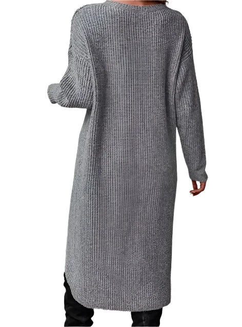 Women's Long Knitted Sweater - Cozy Gray and Khaki Maxi Pullovers for Autumn & Winter