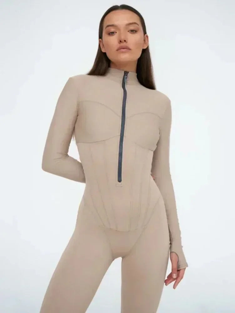 Sexy Elegant Women’s Zip-up O-neck Long Sleeve Jumpsuit – Streetwear Autumn Overalls, Fitness Sports Bodysuit for Women