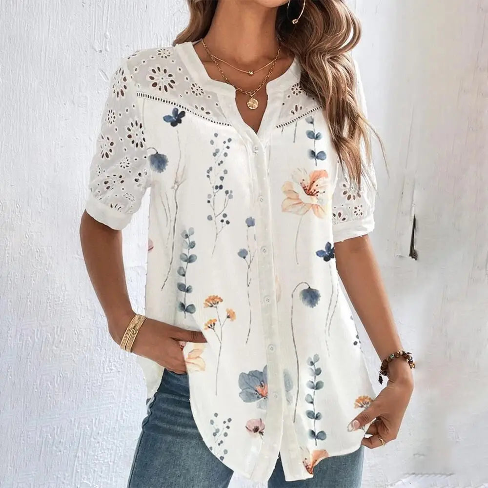 Elegant Casual Lace Shirt for Women – Loose Fit Short Sleeve Blouse for Holiday and Weekend Fashion