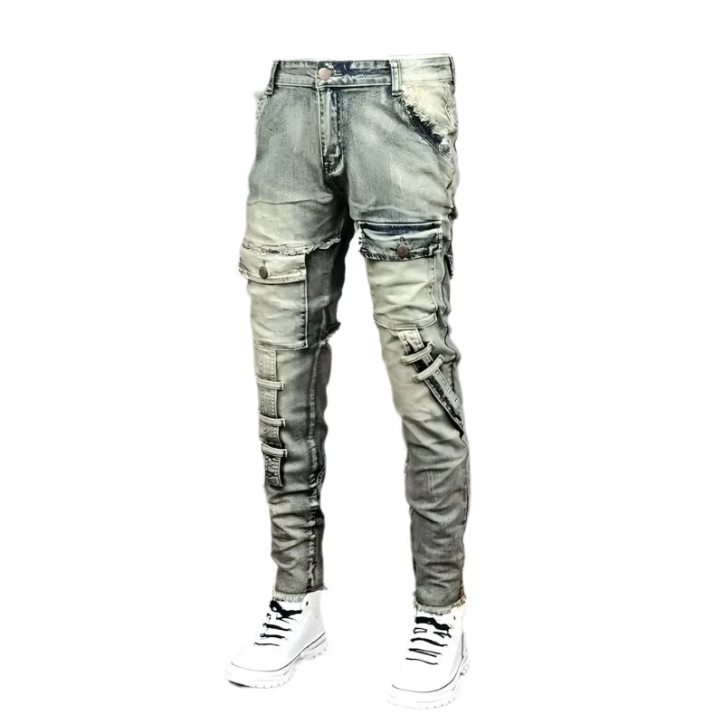 Men’s Vintage Slim Cargo Jeans – Broken Denim Patch Skinny Pants for Autumn Winter Fashion