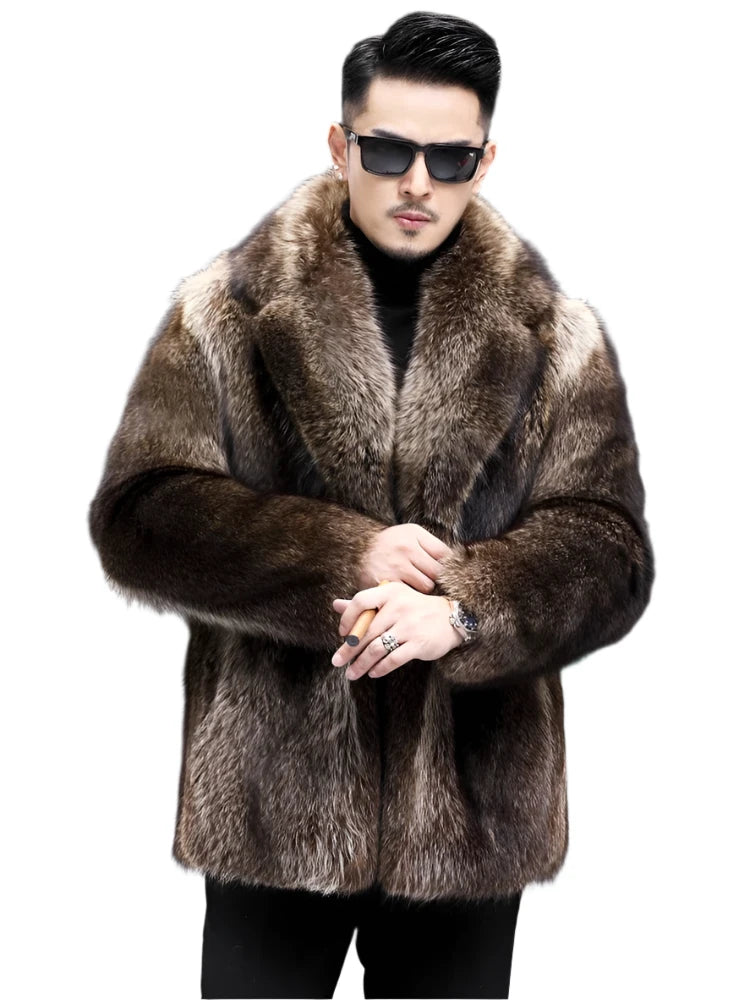 Men's Thickened Fox Fur Overcoat - Mid-Length Lapel Short Coat with Three Buttons | Warm Business Casual Winter Fashion