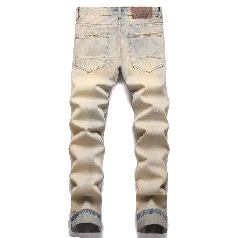 New Men's Punk Ripped Denim Jeans - Multi-Pocket Zipper Mid-Waist Casual Pencil Pants