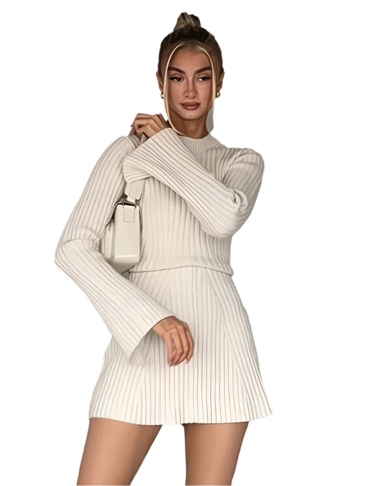 Winter Women’s Ribbed Knitted A-Line Dress - Solid Color O-Neck Mini Dress with Flare Sleeves, High-Fashion Autumn Streetwear