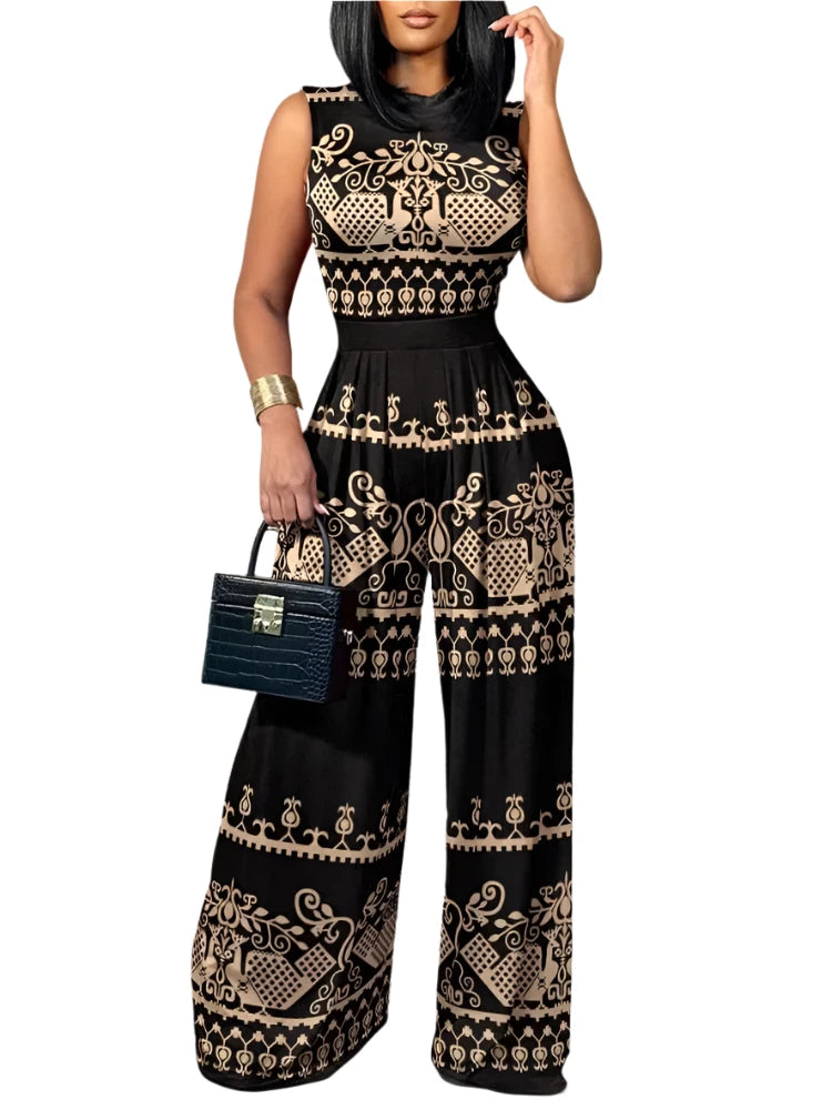 2025 Spring/Summer Fashion: Elegant Women's Sleeveless Printed Wide-Leg Jumpsuit for Casual Holidays