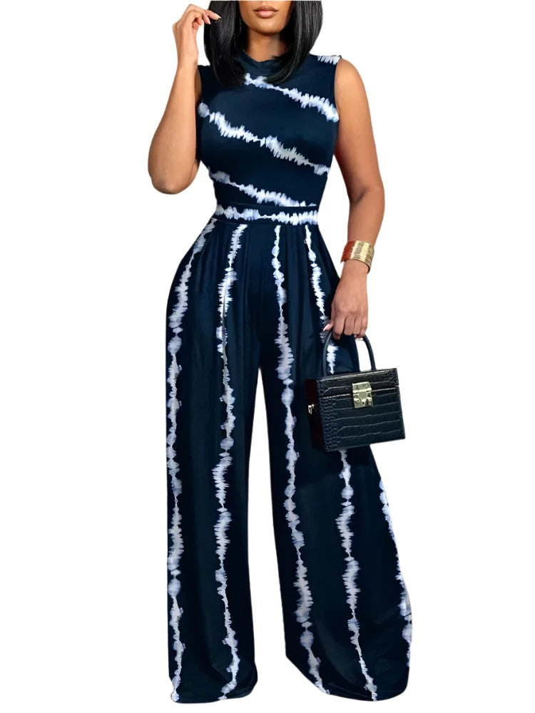 2025 Spring/Summer Fashion: Elegant Women's Sleeveless Printed Wide-Leg Jumpsuit for Casual Holidays