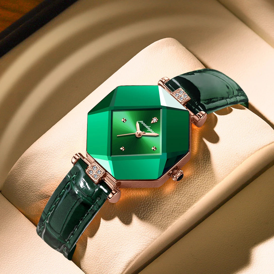 High-Quality Luxury Women's Watch: Diamond Quartz Waterproof Ladies' Green Leather Fashion Exquisite Timepiece