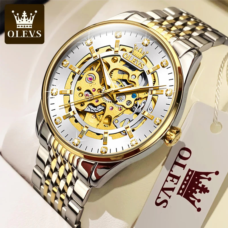 OLEVS Men's Luxury Gold Skeleton Watch – Automatic Mechanical, Waterproof Stainless Steel, Luminous Business Wristwatch