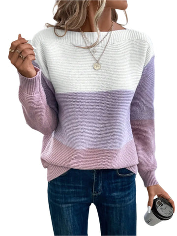 Women's Patchwork Sweater - Elegant Three-Color Knitted Jumper, Loose Fit, Thick Warm Casual Top for Autumn Winter