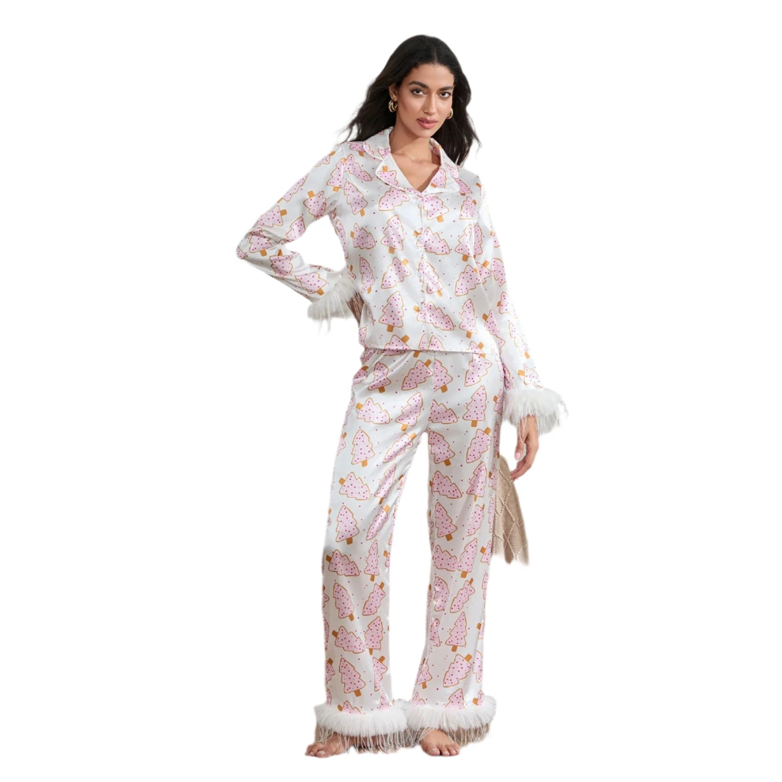 Silky Christmas Pajama Set for Women – 2-Piece Feather Loungewear with Santa, Christmas Tree, or Boots Print