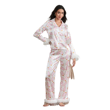 Silky Christmas Pajama Set for Women – 2-Piece Feather Loungewear with Santa, Christmas Tree, or Boots Print