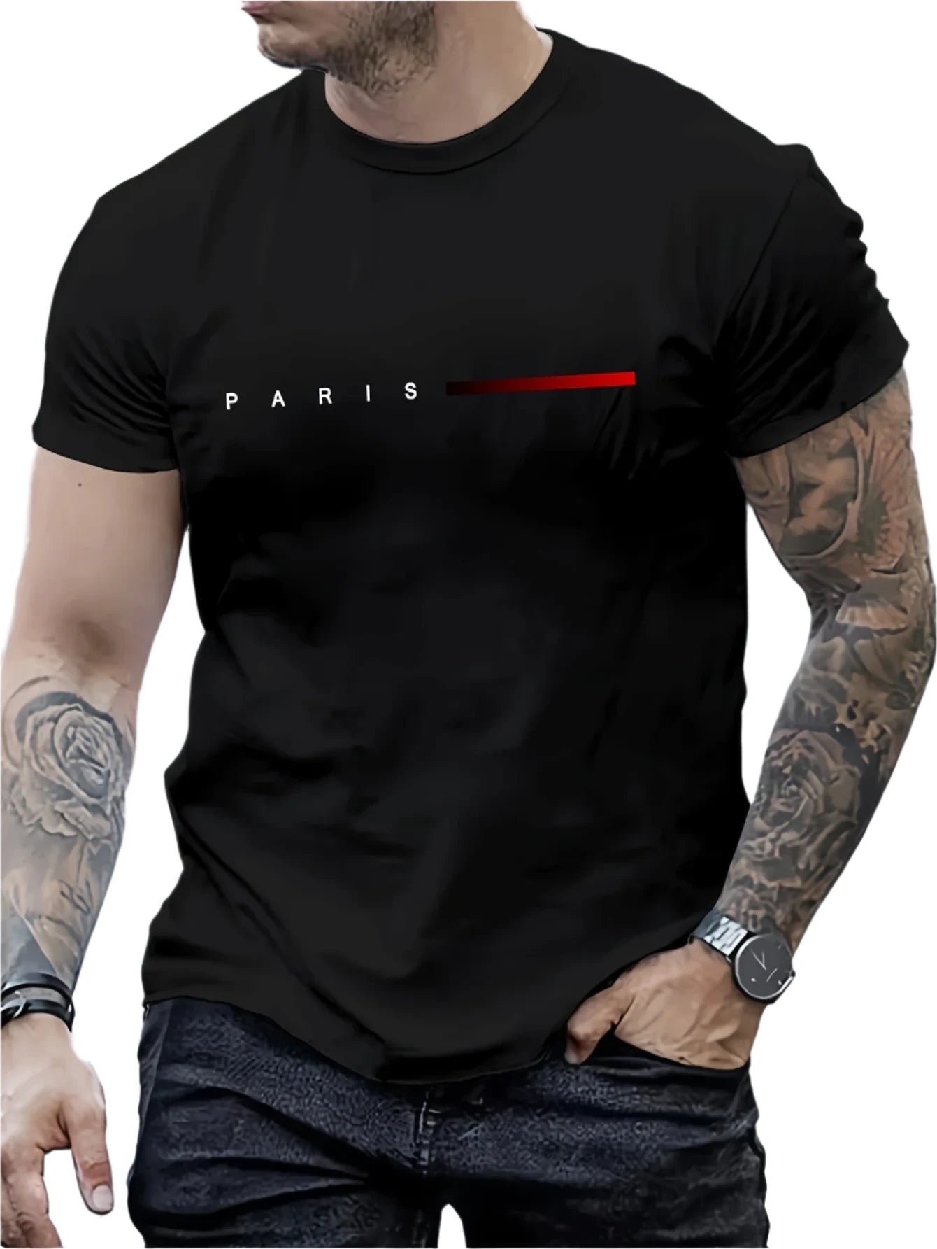 Men’s 100% Cotton Paris Letter Print T-Shirt – Casual Slim Fit, Short Sleeve, Round Neck Summer Top