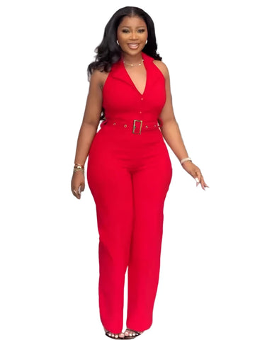 Women's Elegant Halter Backless Red Jumpsuit with Belt – Party Wide-Leg Romper, Fashion Birthday Clubwear Overalls