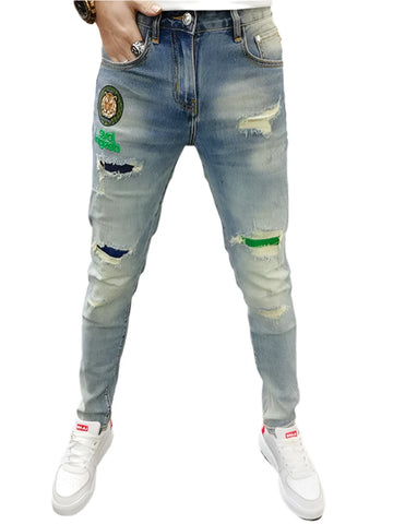 Vintage Men’s Skinny Ripped Jeans – High-Quality Spliced Embroidery Denim Pants for Hip-Hop Streetwear