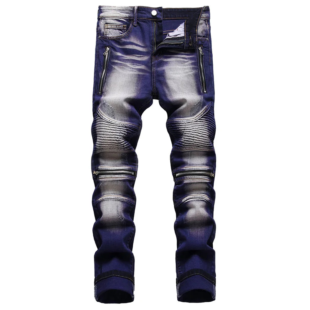 Men's Stretch Denim Biker Jeans - Streetwear Zipper Pleated Patchwork Slim Skinny Tapered Pants