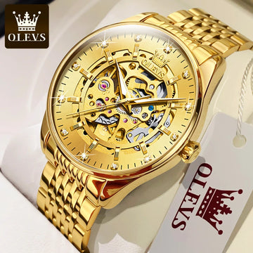 OLEVS Men's Luxury Gold Skeleton Watch – Automatic Mechanical, Waterproof Stainless Steel, Luminous Business Wristwatch