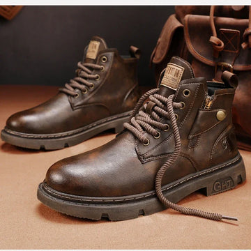 Men's Retro Leather Biker Boots - Wear-Resistant Winter High-Top Motorcycle Shoes, Casual All-Match Outdoor Footwear