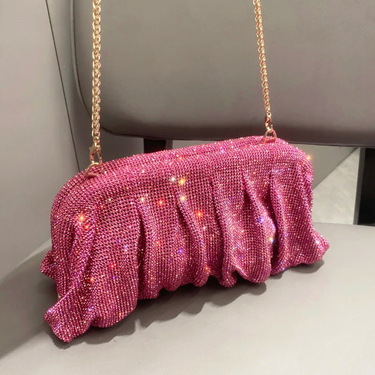 Shiny Rhinestone Handle Handmade Evening Clutch Bag - New Folded Purse and Handbag, Luxury Designer for Wedding Party, High Quality