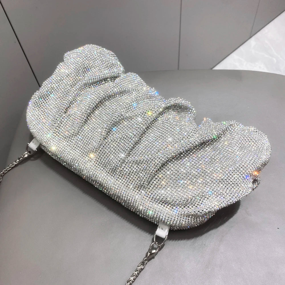 Shiny Rhinestone Handle Handmade Evening Clutch Bag - New Folded Purse and Handbag, Luxury Designer for Wedding Party, High Quality