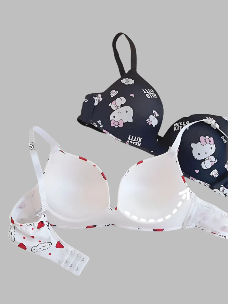 Hello Kitty Women’s Sexy Bra & Panty Set – No-Wire Push-Up Cartoon Lingerie, Breathable Gathered Underwear, Perfect Gift for Women