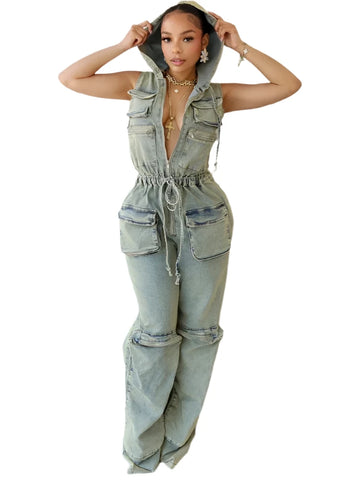 Vintage Denim Hooded Jumpsuit for Women – Stretch Jean Romper with Zipper Pockets, Drawstring Waist Streetwear Overalls