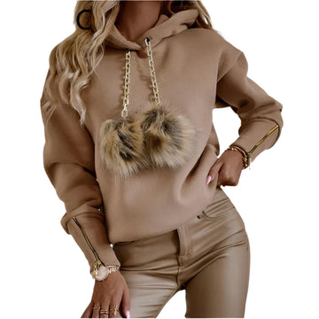 Women’s Solid Hoodie Sweatshirt with Chain and Feather Detail - Casual Tops