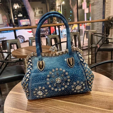 Large Capacity Handheld New Fashion Commuter Denim Inlaid Diamond Versatile One Shoulder Crossbody Women's Bag