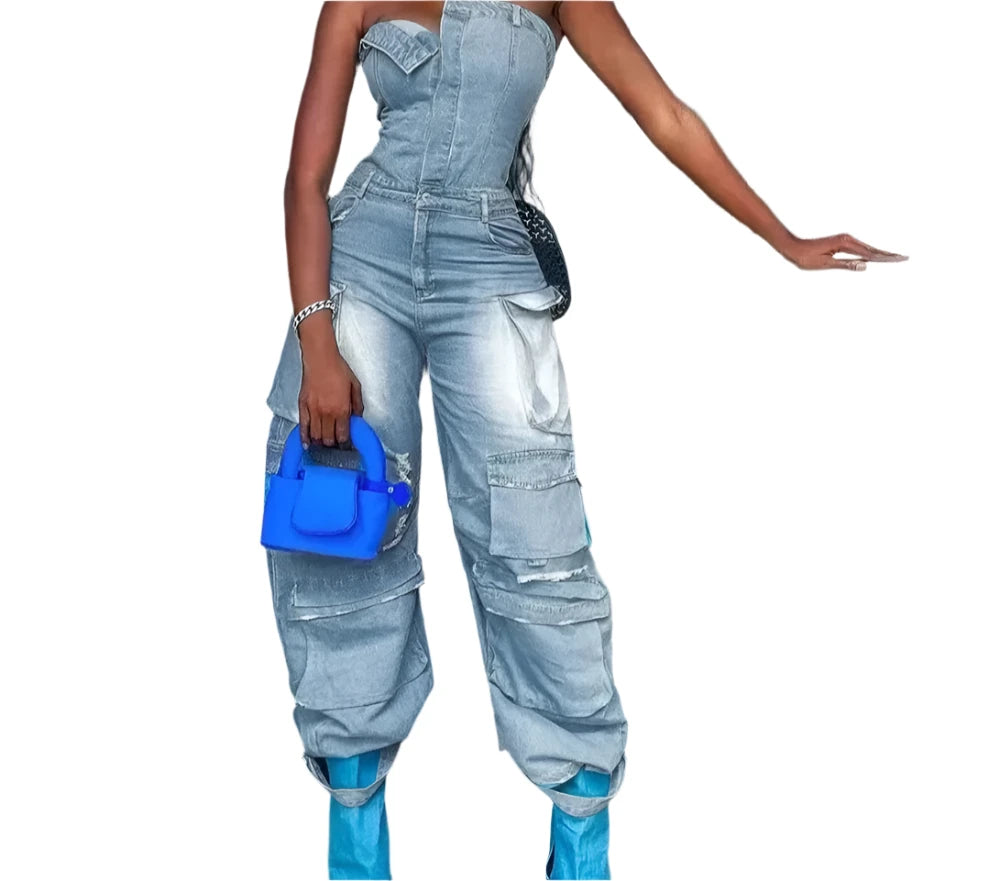 Women's Strapless Denim Jumpsuit - High Waist Casual Patchwork Overalls with Pockets, Sleeveless Solid Design