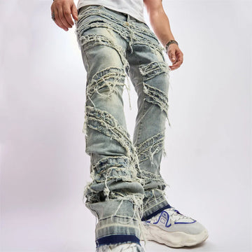 Men’s Vintage Loose Fit Ripped Patch Jeans – Casual Straight Leg Streetwear Denim Pants