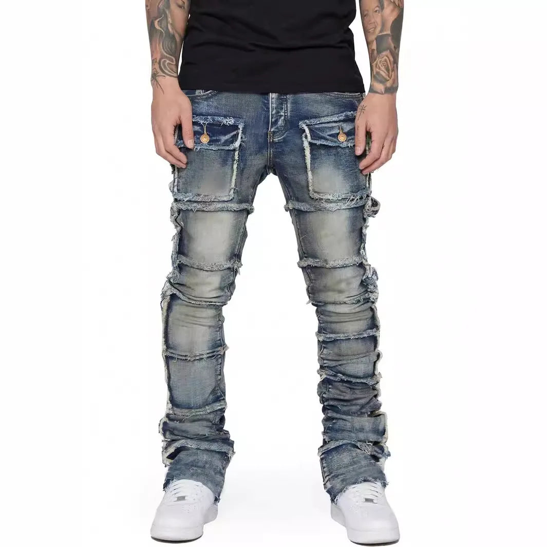 Trendy Men's Jeans – European & American Fashion Workwear with Patch Detail, Elastic Waist, Laminated Fabric, Slightly Flared Denim Pants